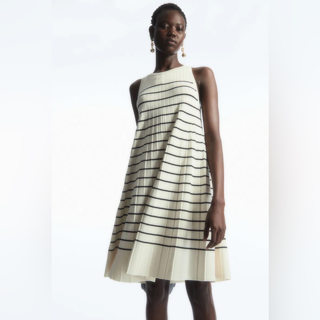 New Cos Pleated A-Line Mini Sleeveless Dress Striped Size Xs